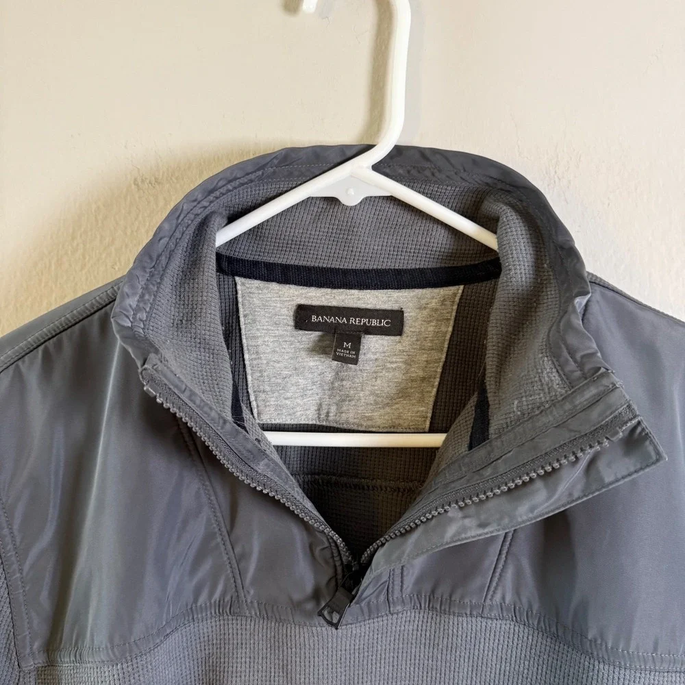 Banana Republic Mens Gray Waffle Knit Mixed Media Quarter‎ Zip Pullover M